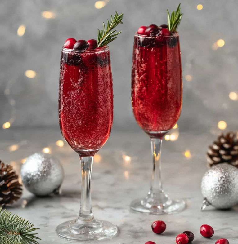 Close up of sugared cranberries and rosemary garnish