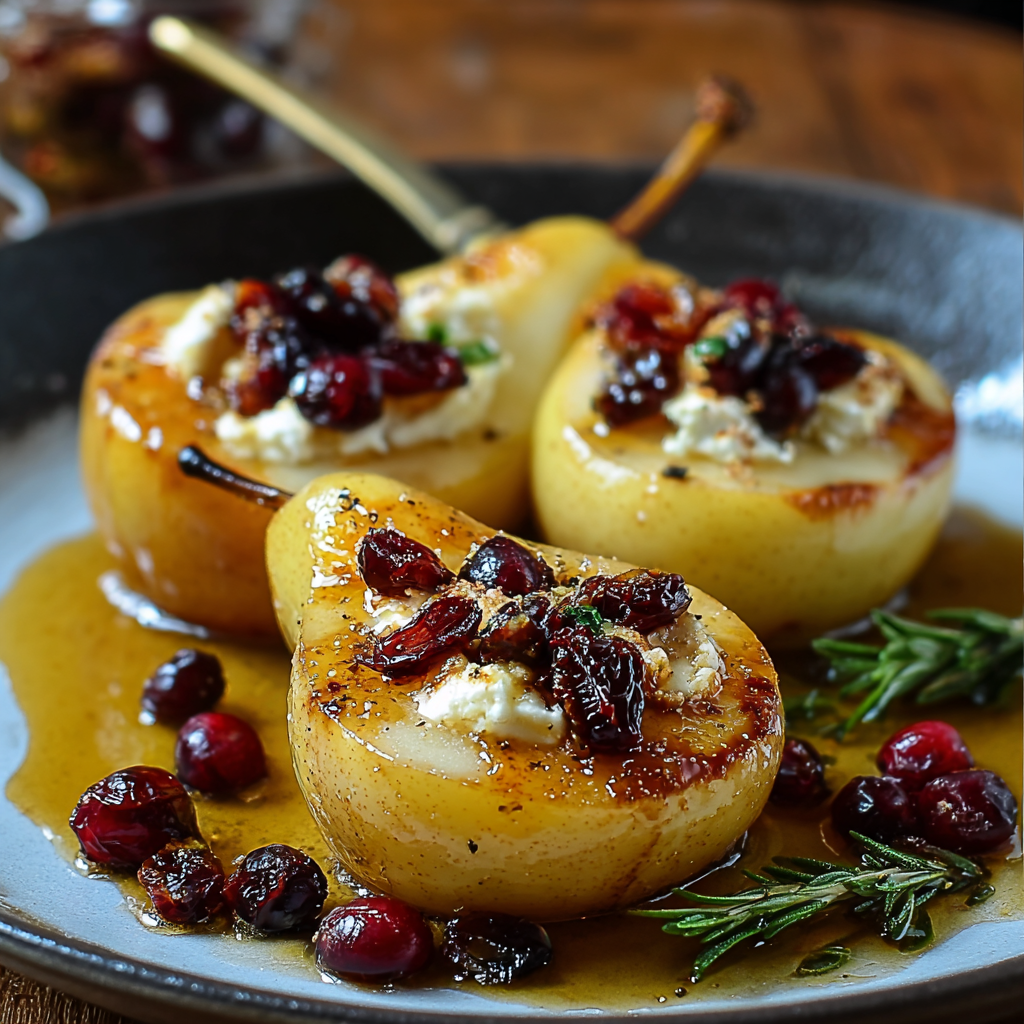 Baked pears with goat cheese and cranberries in a baking dish
