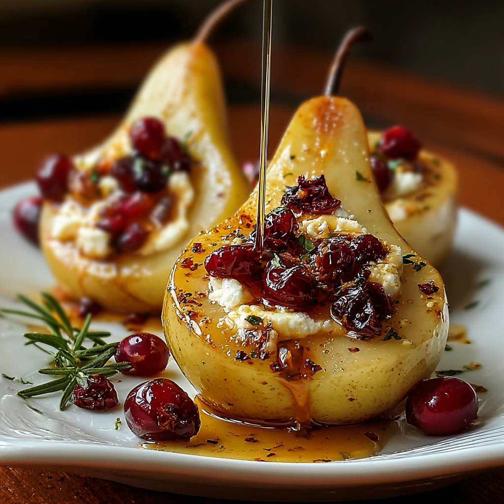Close-up of roasted pear half topped with goat cheese and cranberry compote