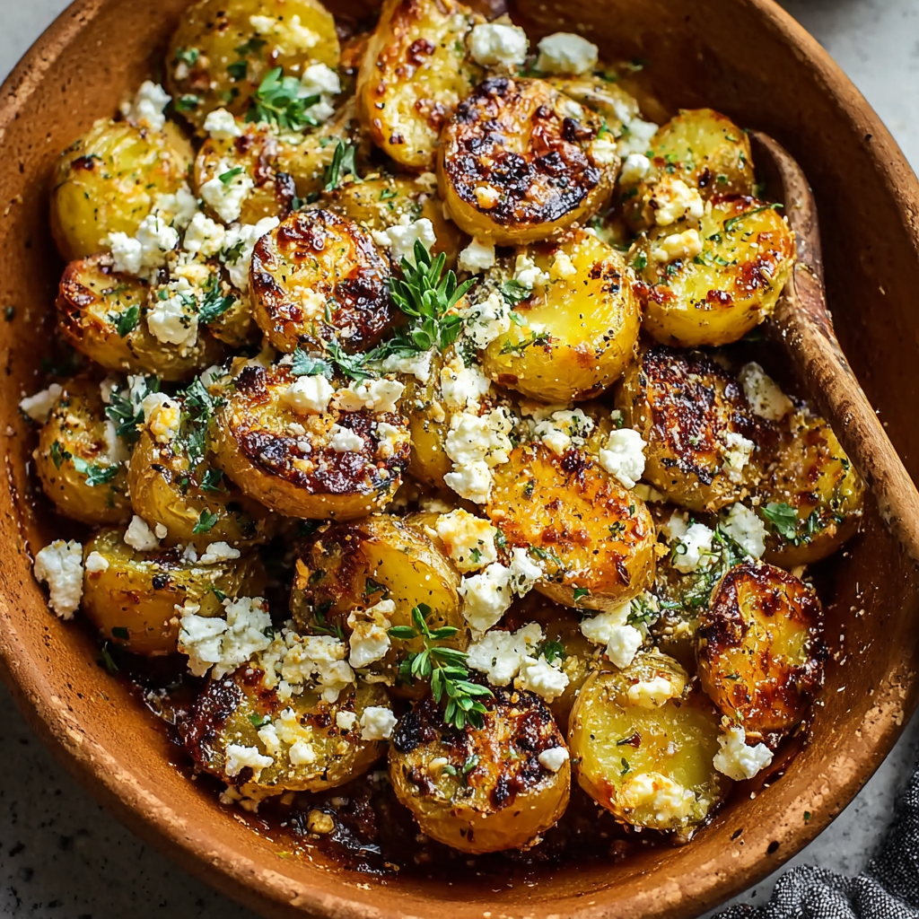 Baked feta with roasted baby potatoes on sheet pan