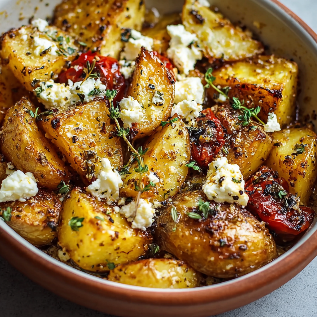 Close-up of roasted potatoes with melted feta and herbs