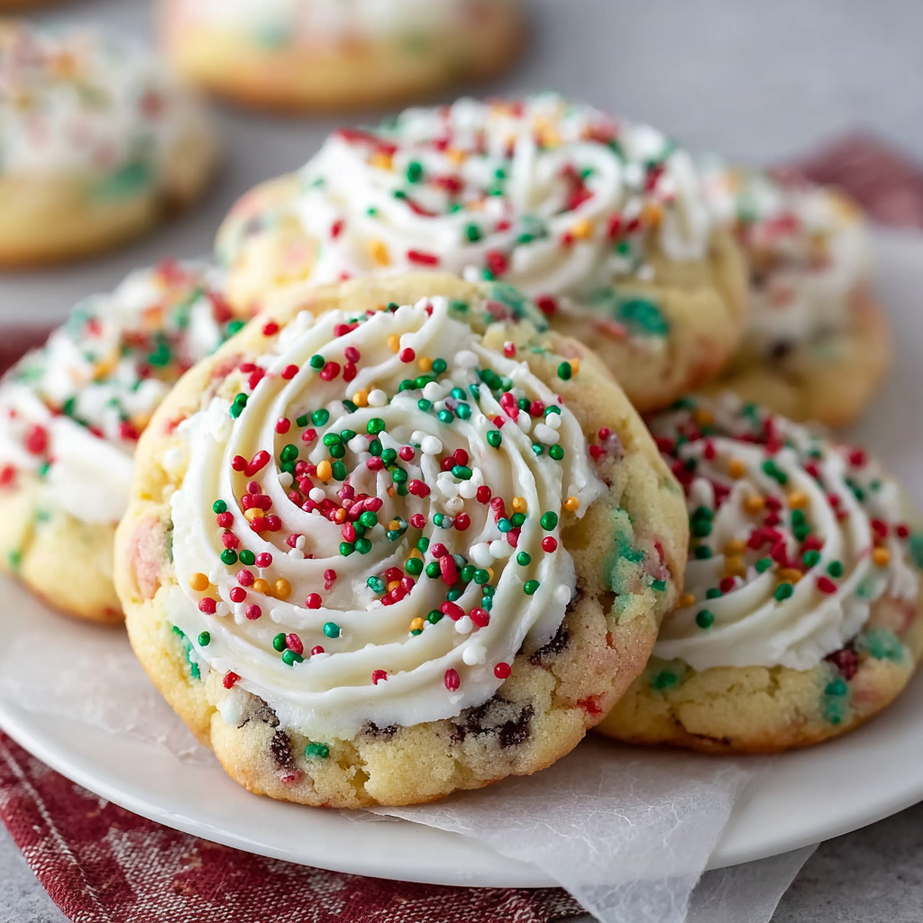 Christmas Cake Batter Cookies on parchment