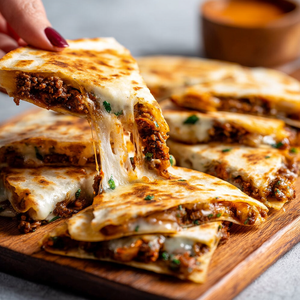 Stack of sliced quesadillas with guacamole