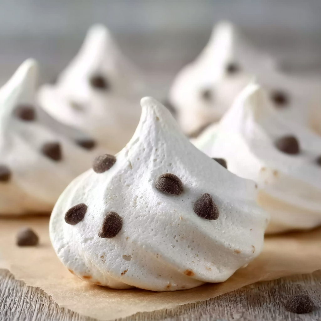 Close-up of chocolate chips folded into meringue
