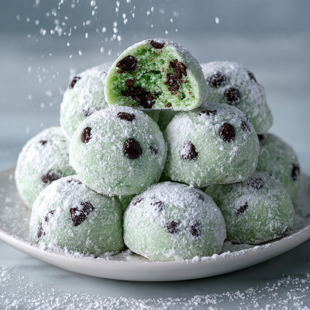 Mint chocolate chip snowball cookies cooling on a rack