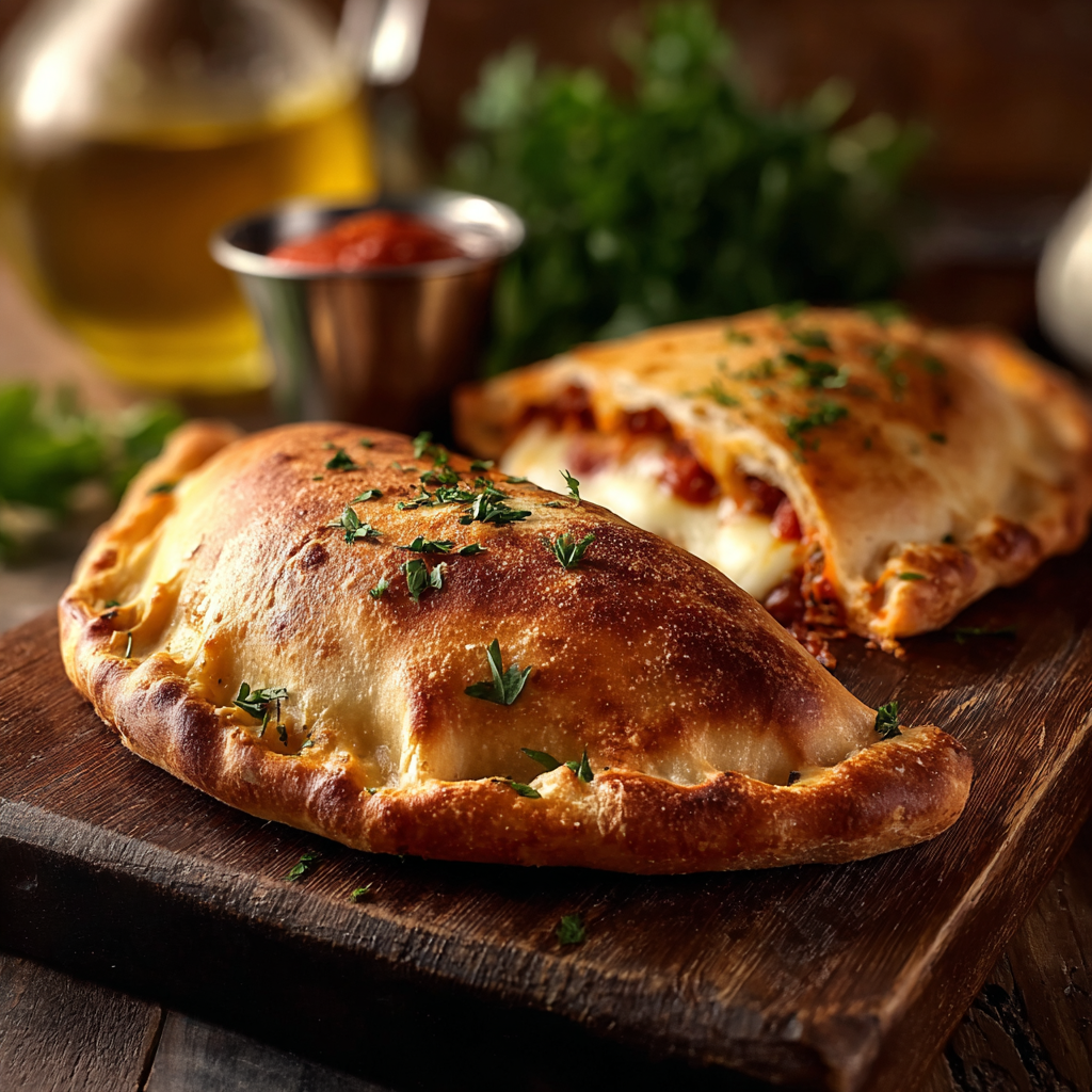 Freshly baked spinach pepperoni ricotta calzones on a baking sheet