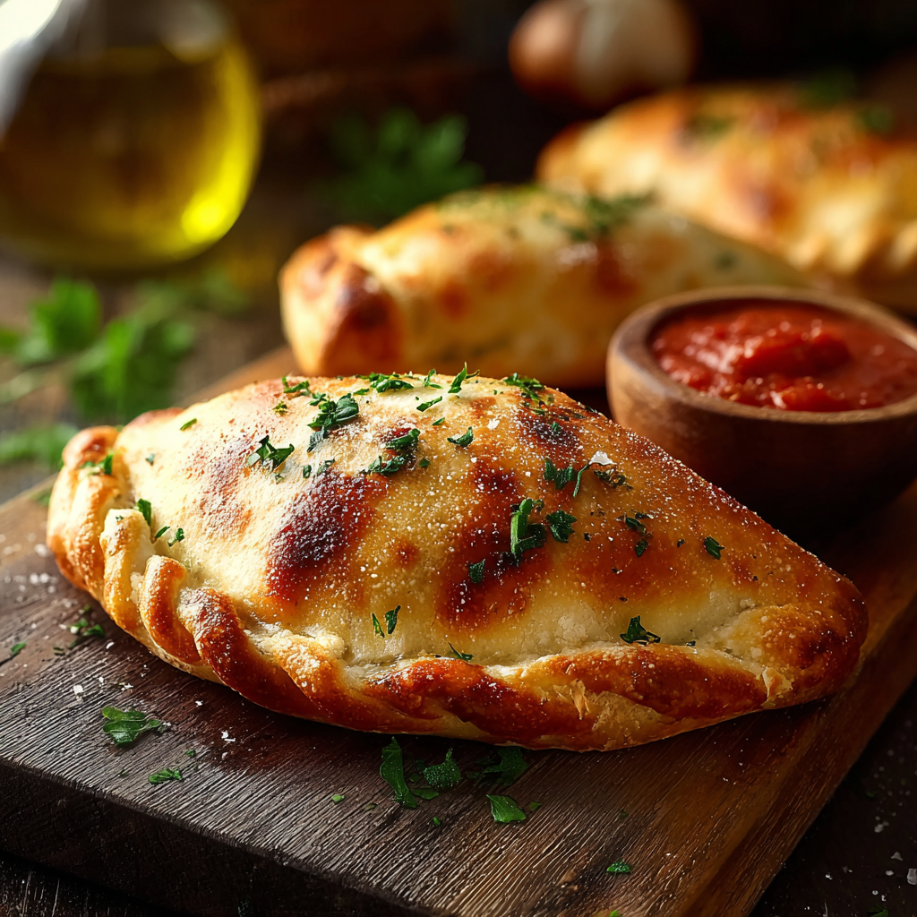 Cut calzone showing cheesy interior with spinach and pepperoni