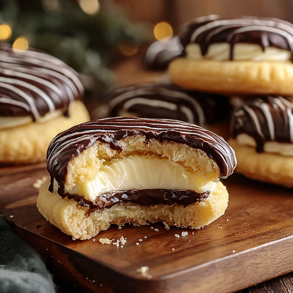 Close-up of cookie filled with custard and chocolate drizzle
