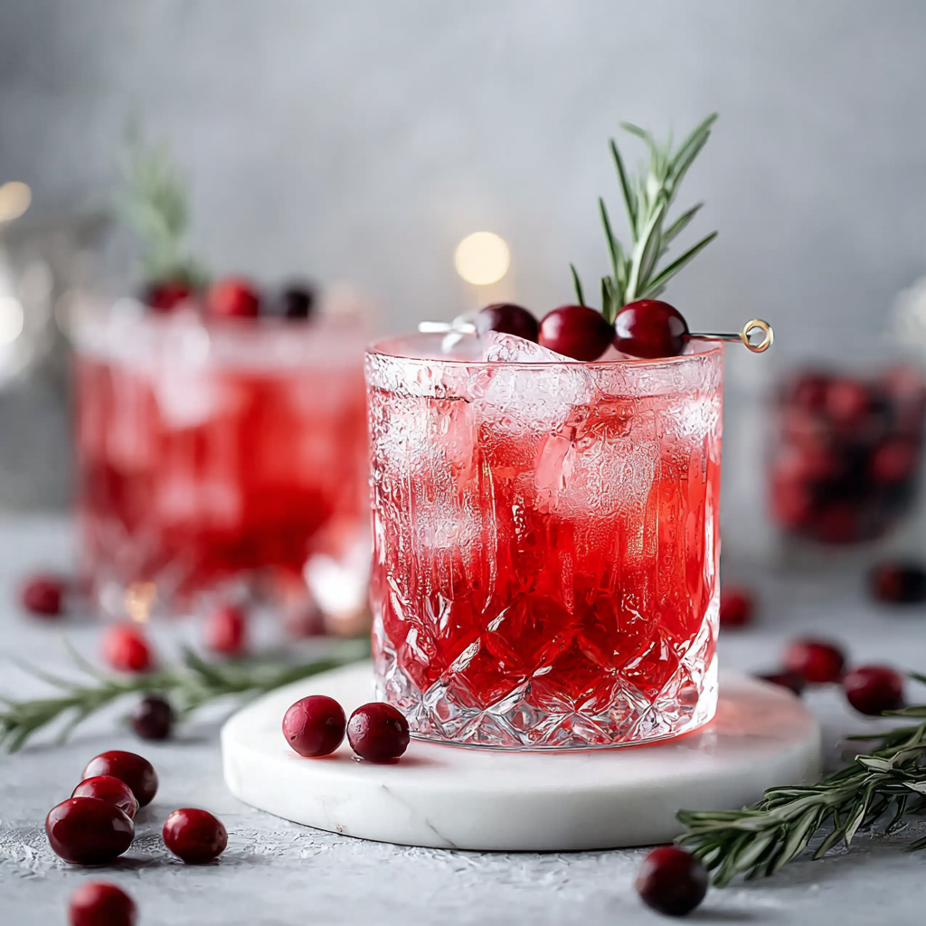 Glasses of Rudolph’s Tipsy Spritzer garnished with cranberries and rosemary