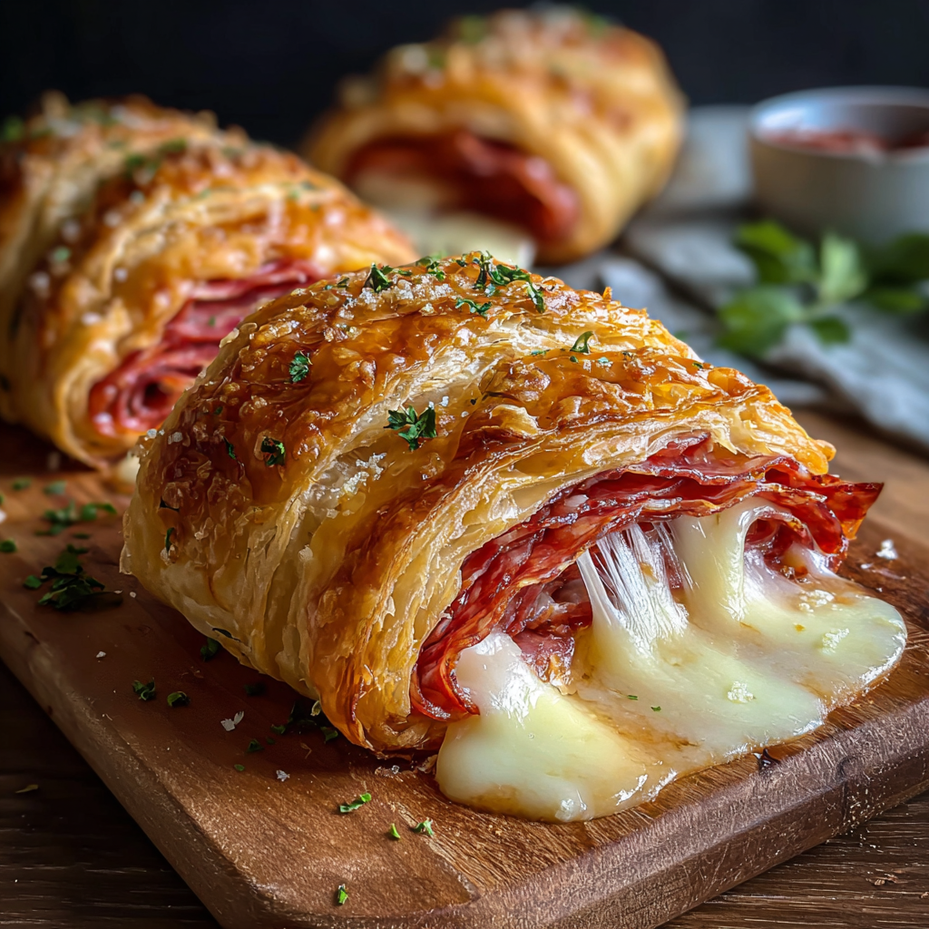 Freshly baked Italian crescent roll sandwich sliced on a board