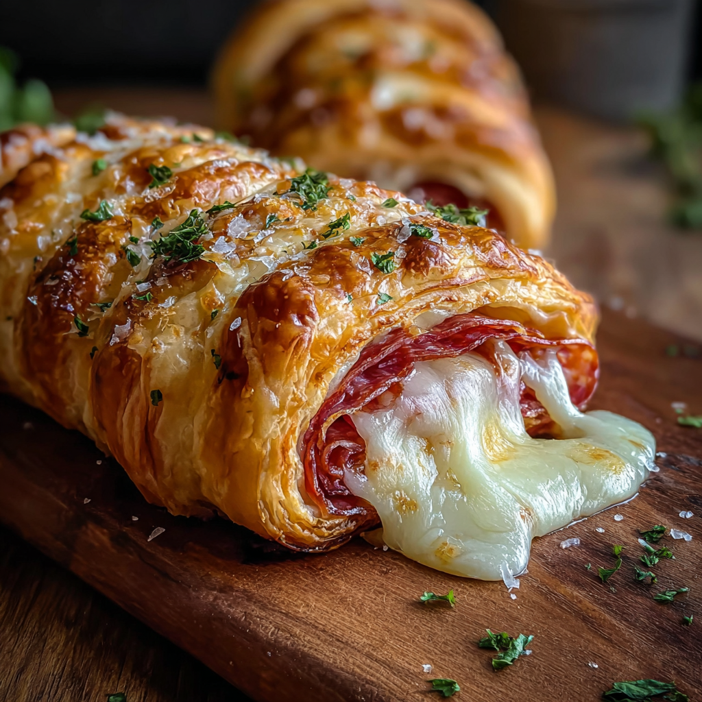 Sliced crescent roll sandwich with marinara dipping bowl