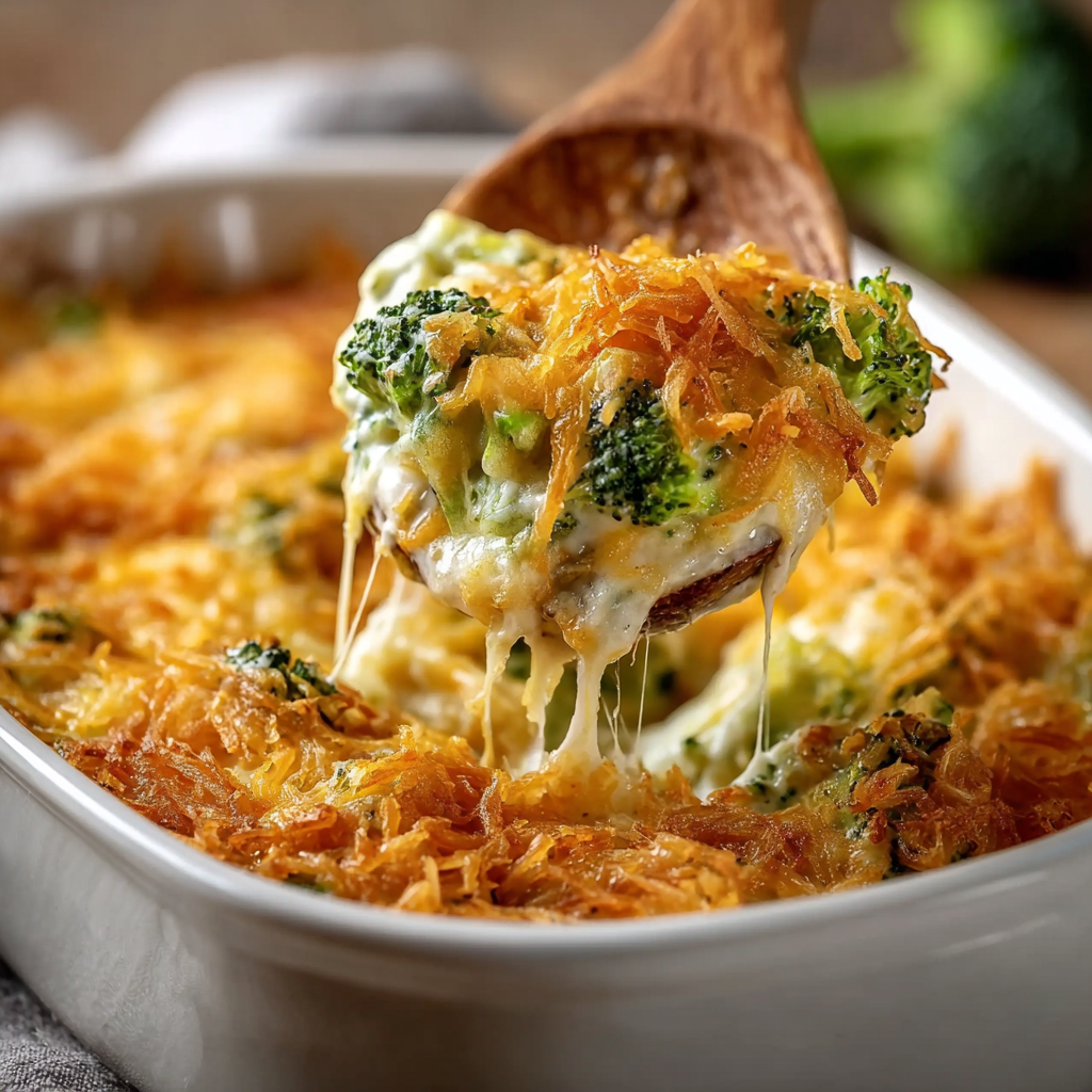 Creamy French Onion Broccoli Cheese Casserole straight from the oven