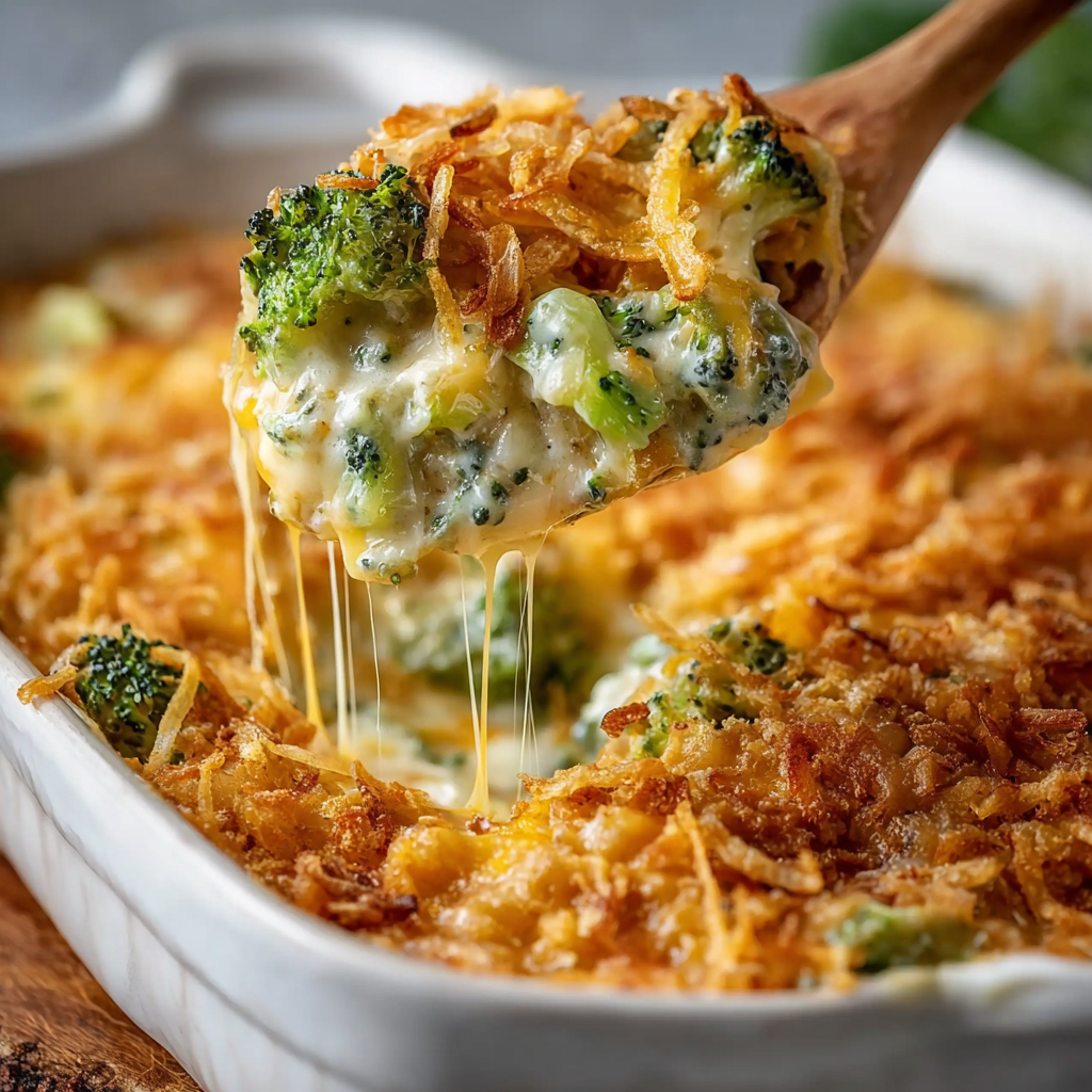 Close-up of cheesy broccoli and crispy topping
