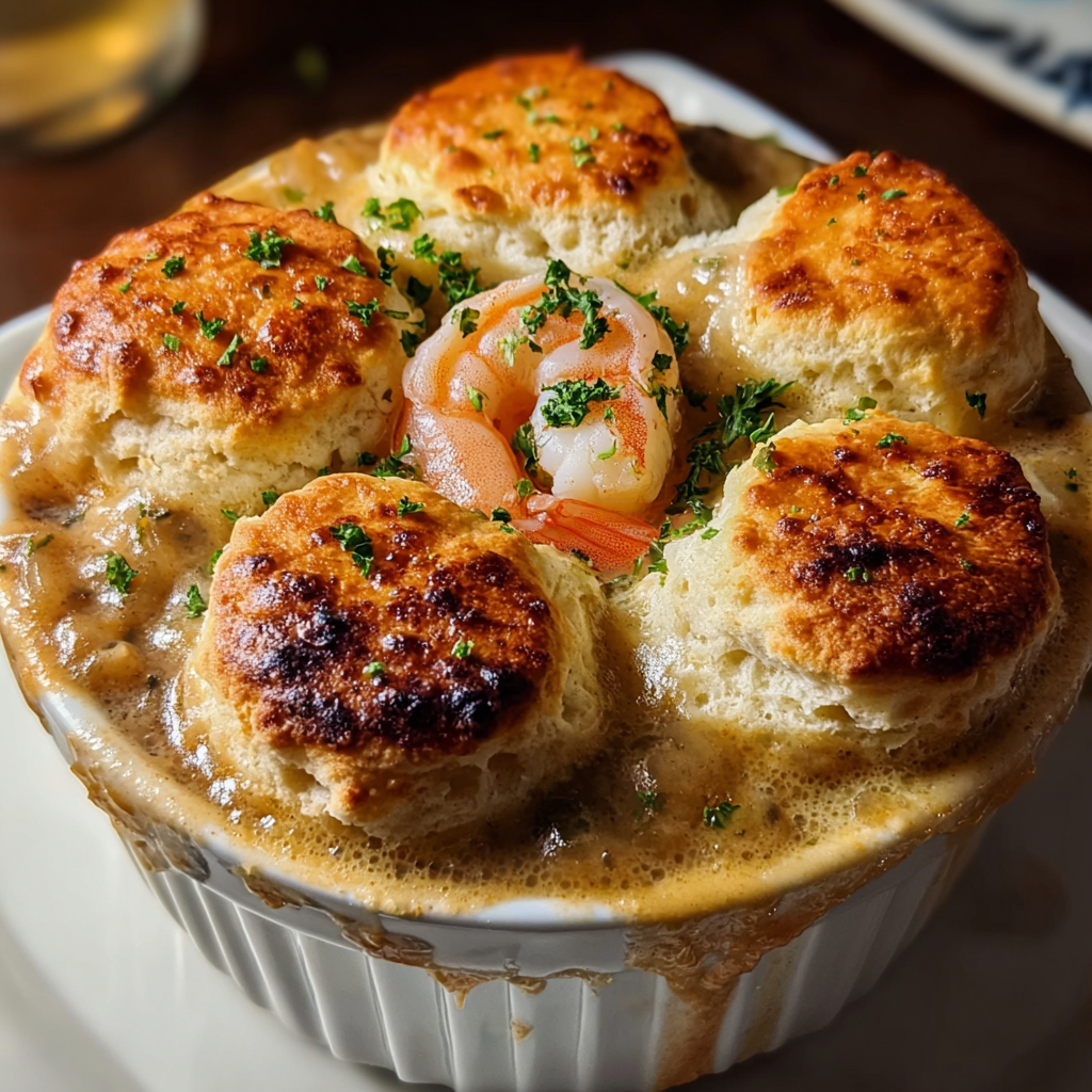Shrimp and lobster biscuit pot pie in ramekins with golden biscuits
