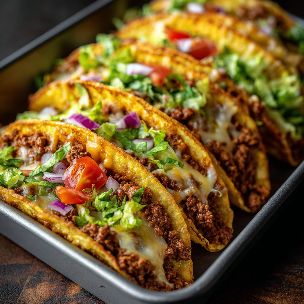 Oven-baked cheesy tacos in a baking dish
