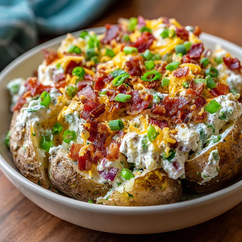 Warm roasted potato cubes in a bowl with dressing being folded in