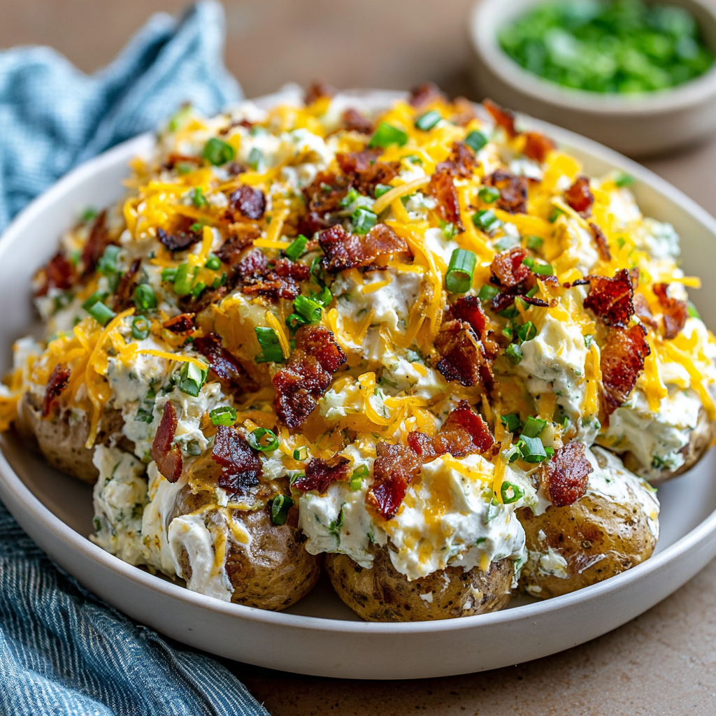 Finished loaded baked potato salad garnished with bacon and shredded cheddar