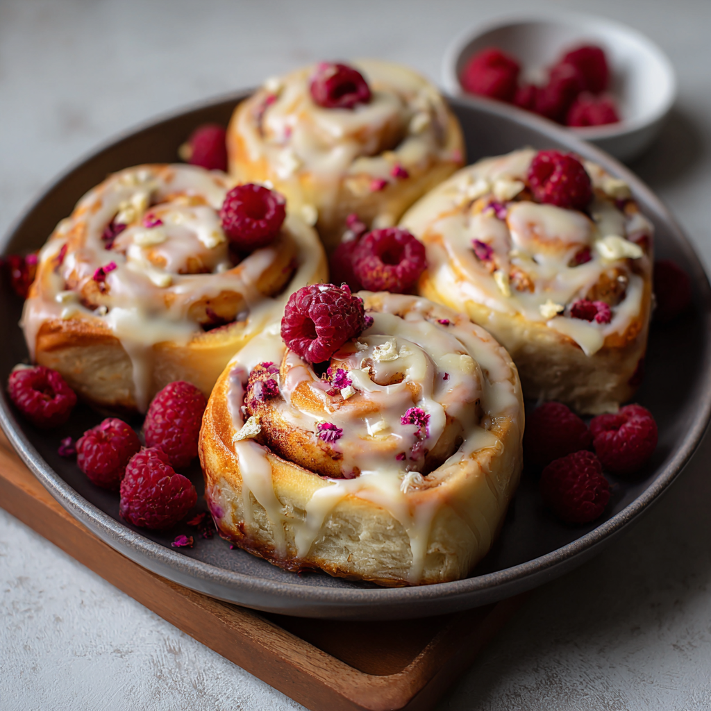 Close up of glazed rolls with crushed raspberries