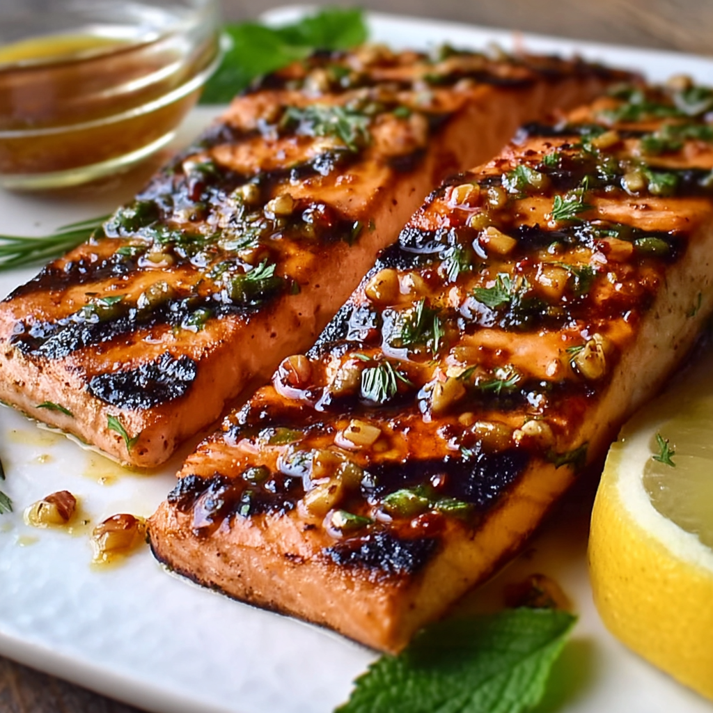 Grilled salmon fillets on a plate