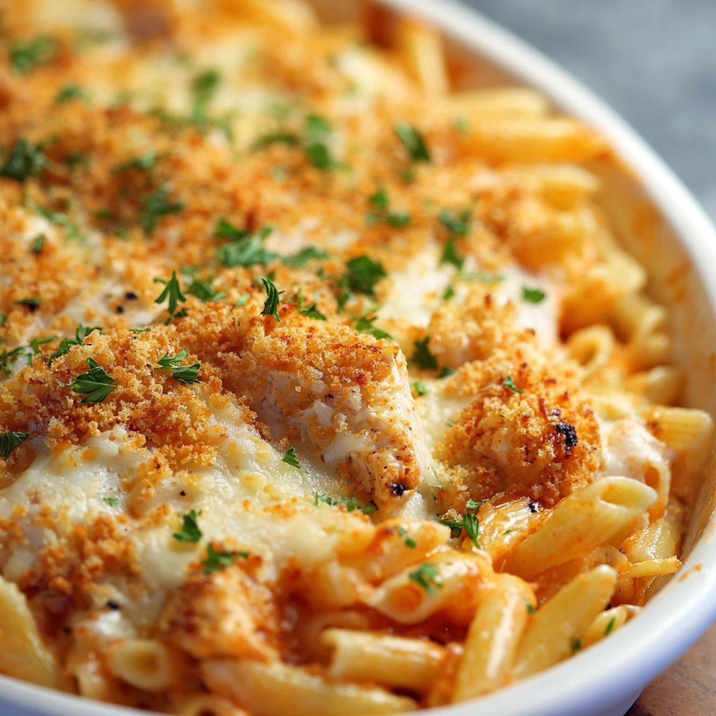 Baked Chicken Parmesan Casserole bubbling in a dish