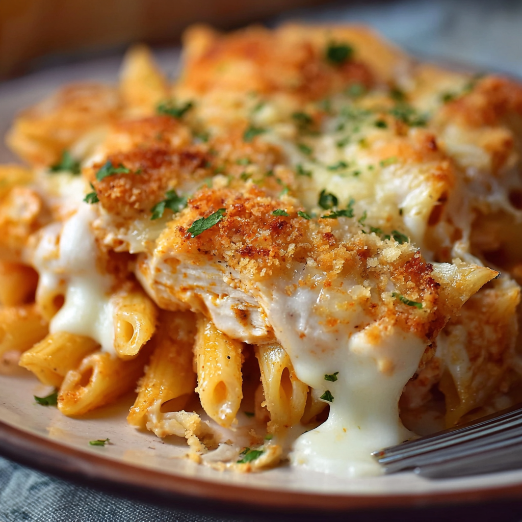 Close up of cheesy, golden breadcrumb topping
