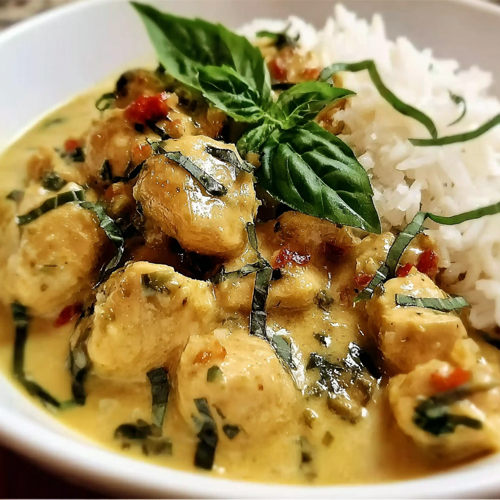 Basil chicken in coconut curry sauce in a pan with basil garnish