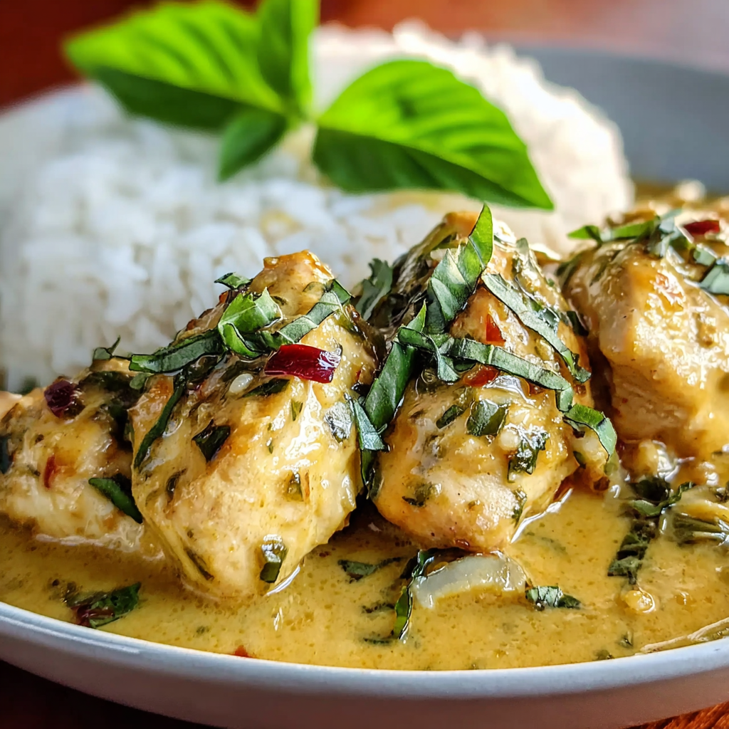 Close up of basil and vegetables in coconut curry