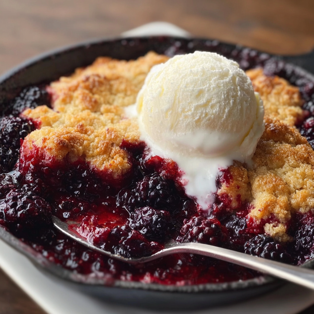 Fresh blackberry cobbler bubbling in a baking dish