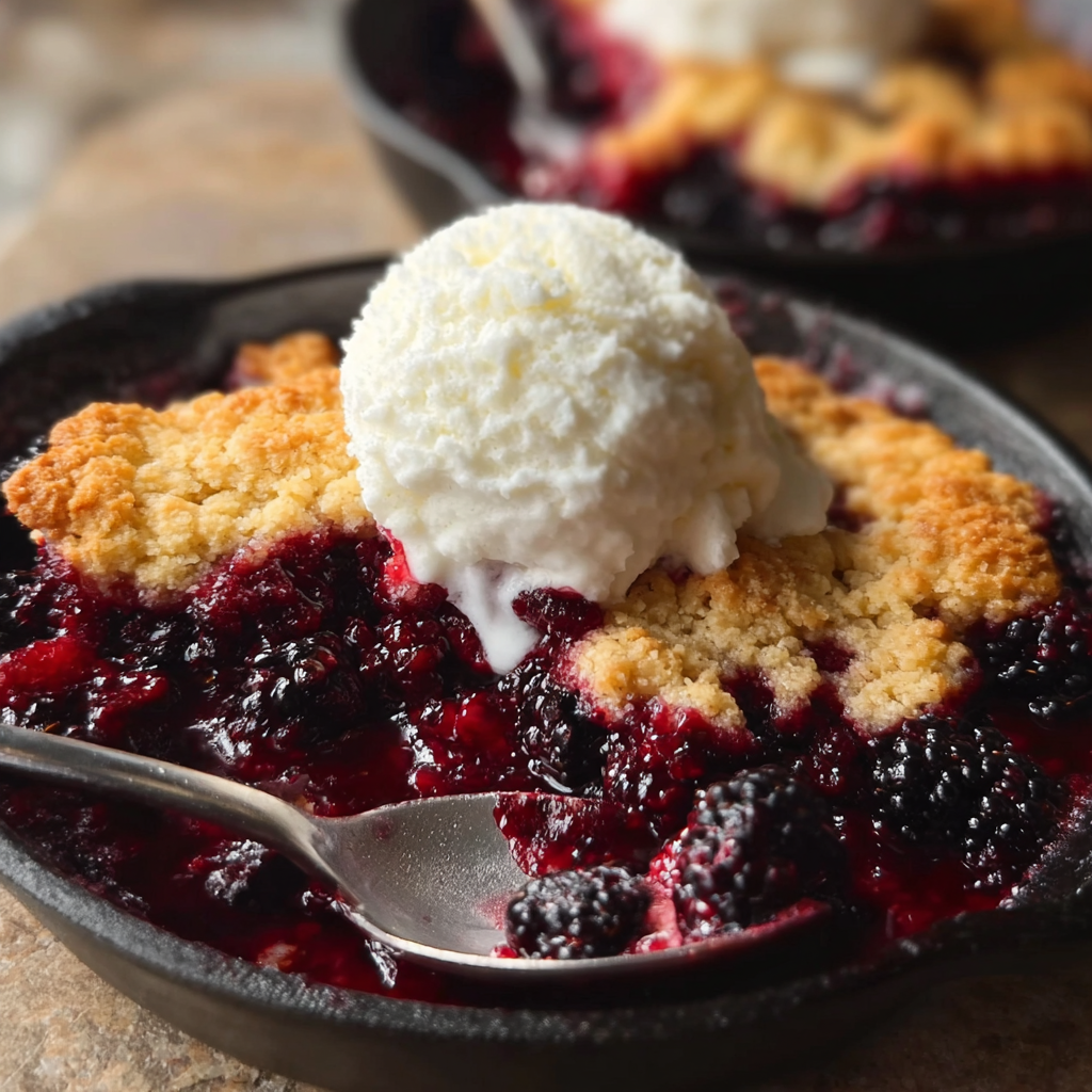 A slice of blackberry cobbler plated with a scoop of vanilla ice cream