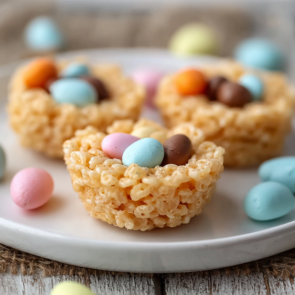 Close-up of chocolate-filled Rice Krispie nest with mini eggs