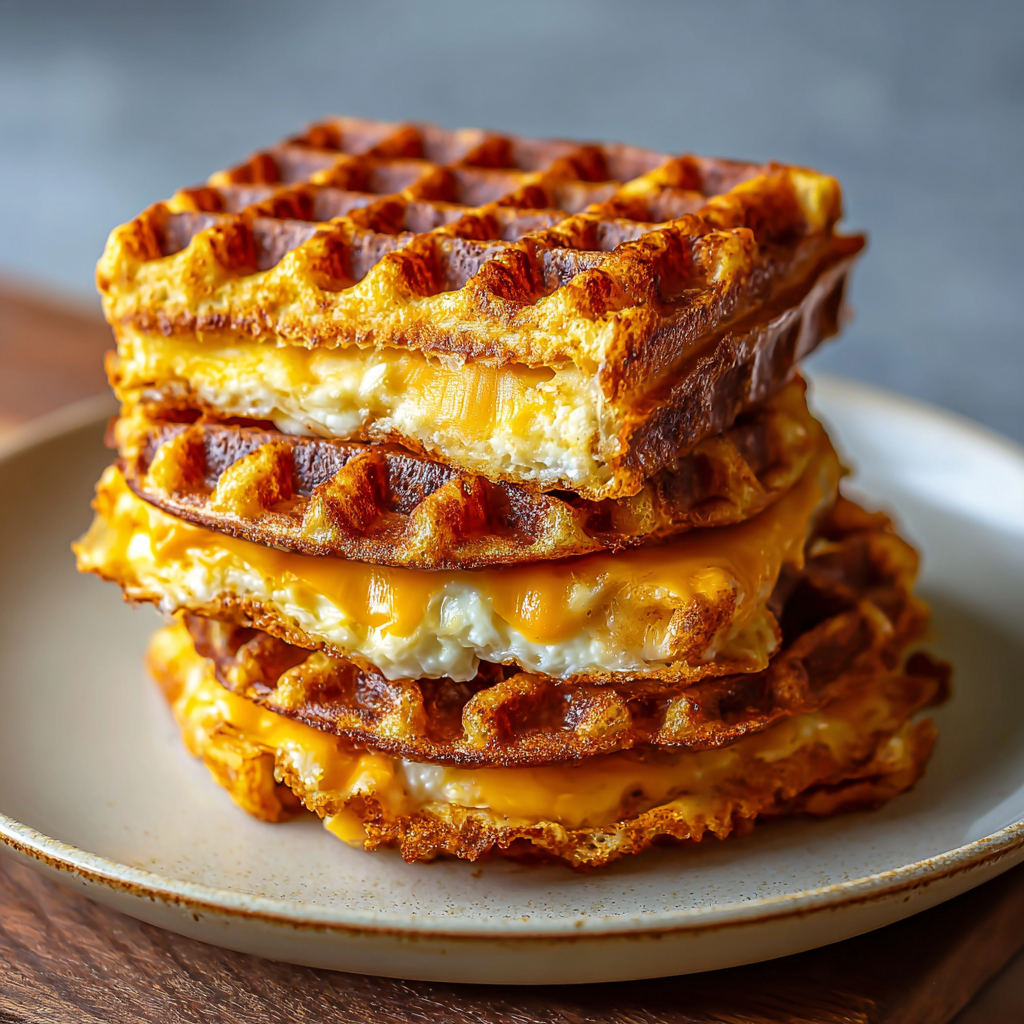 Two golden chaffles cooling on a rack