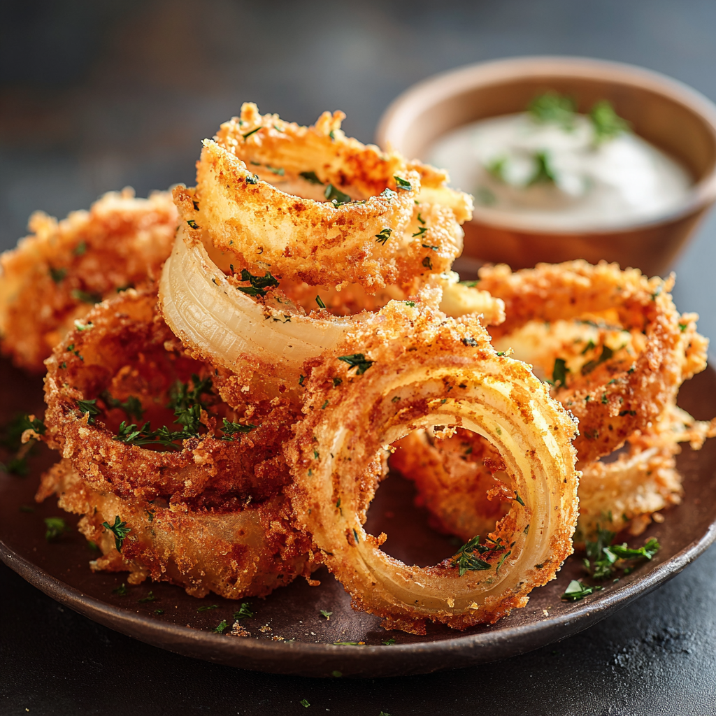 Panko breadcrumbs and seasoned flour for coating onion rings