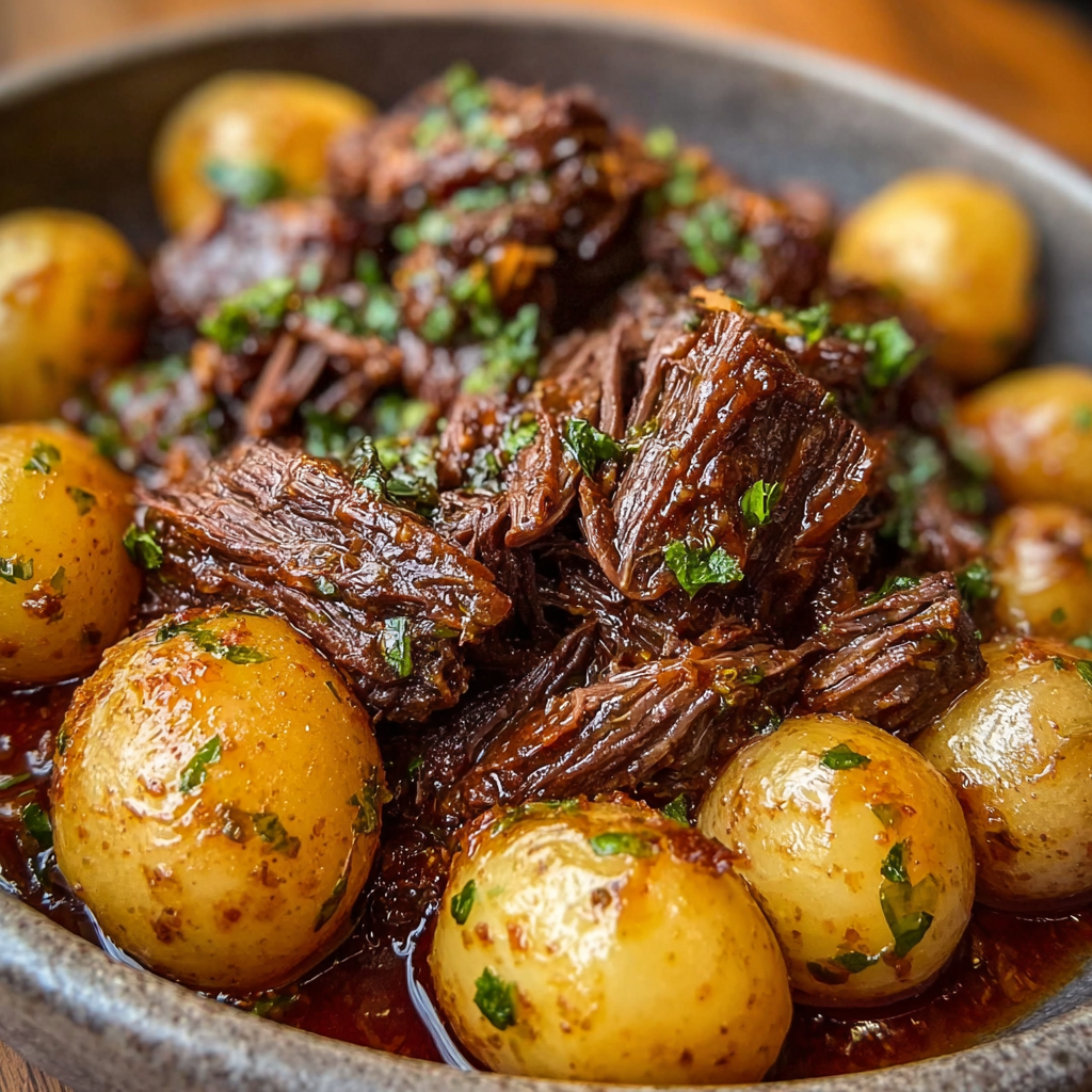 Slow cooker garlic butter beef with potatoes in a white dish