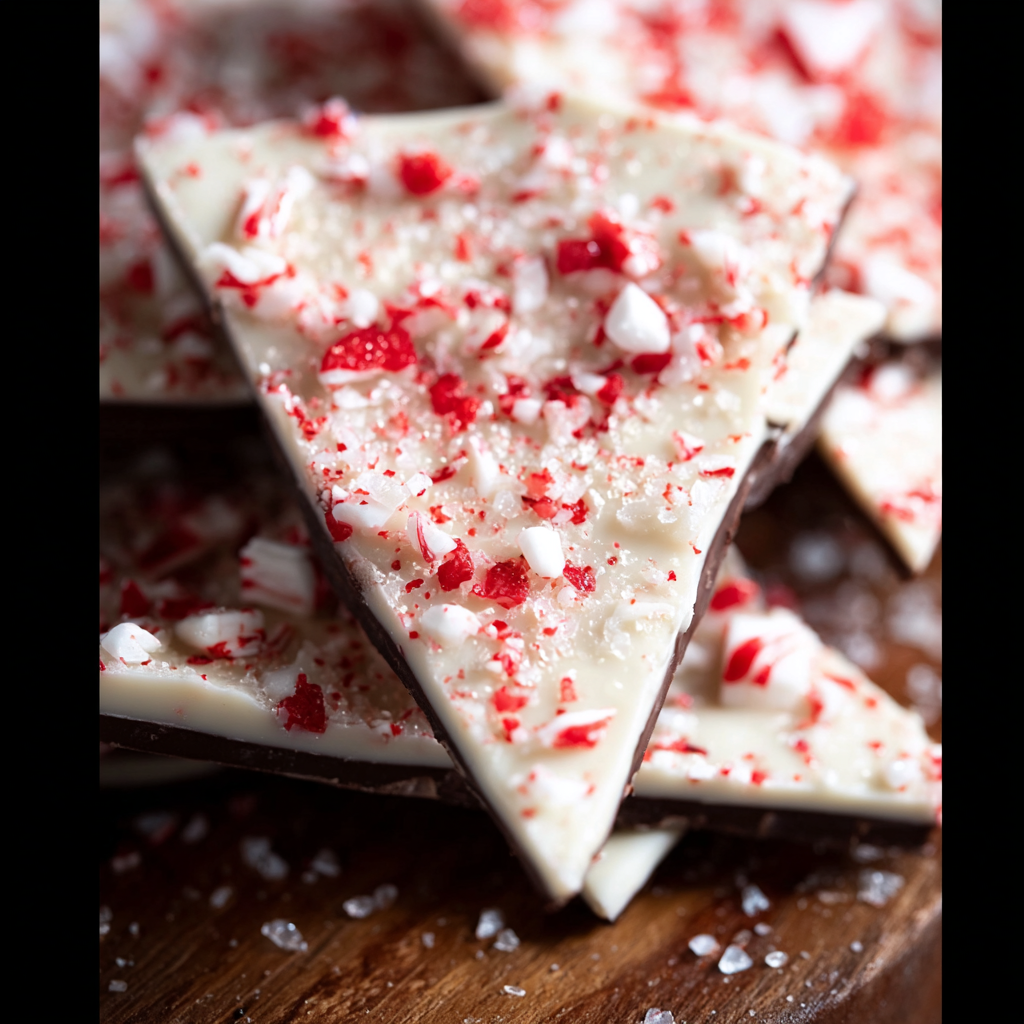 Salted peppermint bark on parchment with crushed candy canes