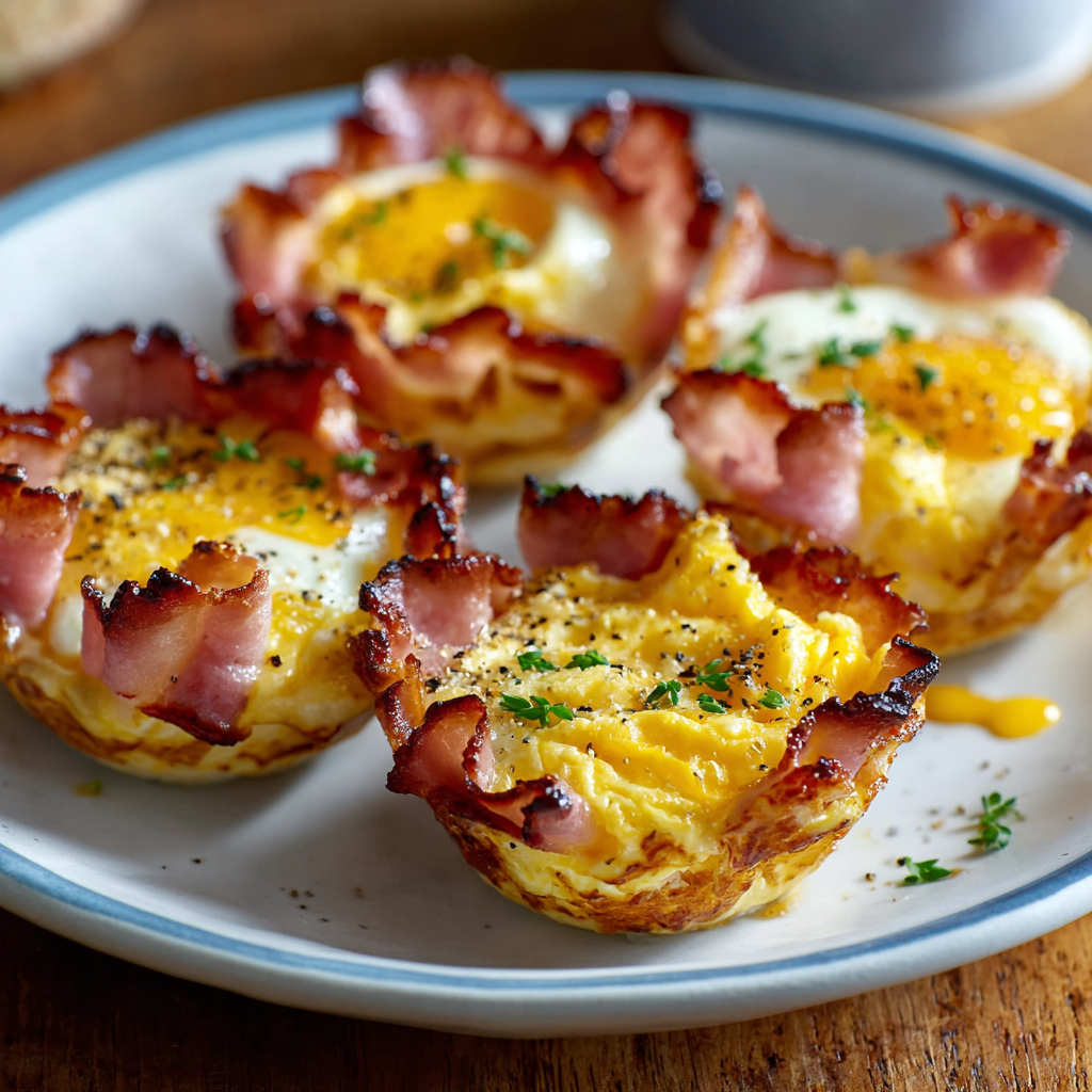 Finished ham and egg cups with melted cheddar on top