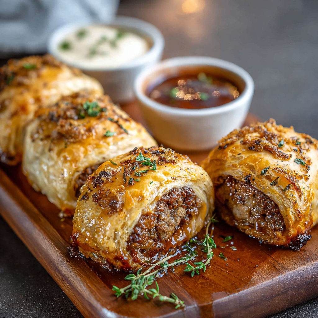 Savory French onion sausage rolls on a baking tray