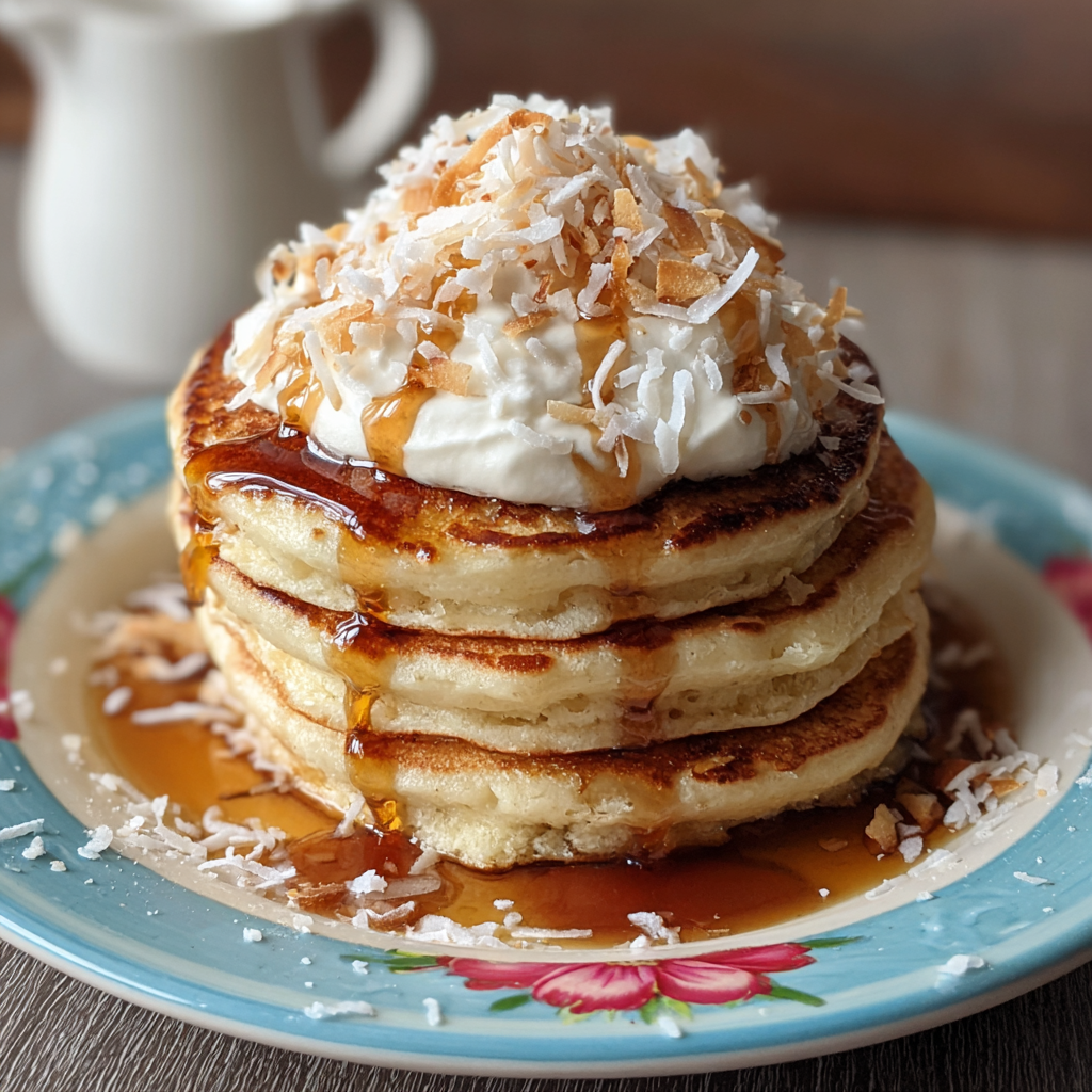 Freshly cooked coconut cream pancakes stacked on a plate