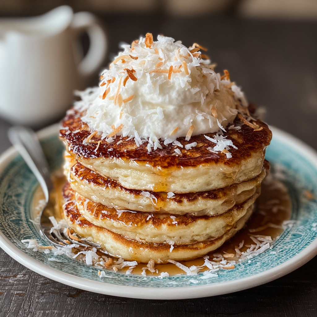 Pancakes topped with shredded coconut and fruit