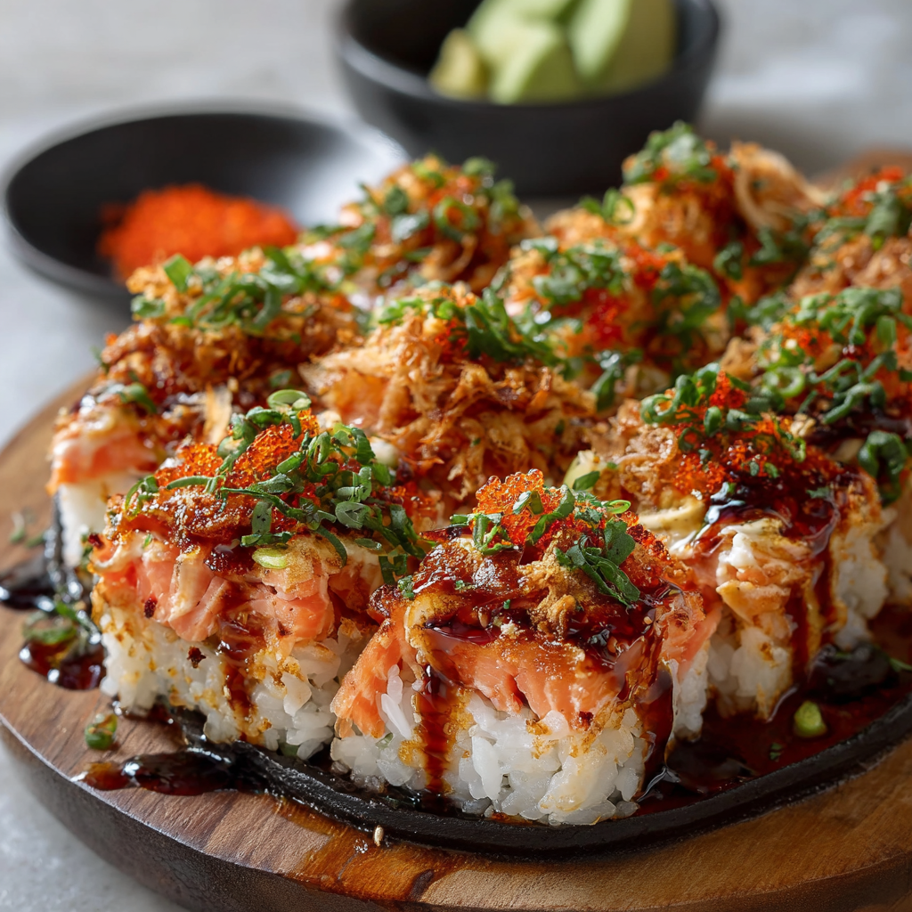 Baked spicy salmon sushi in dish