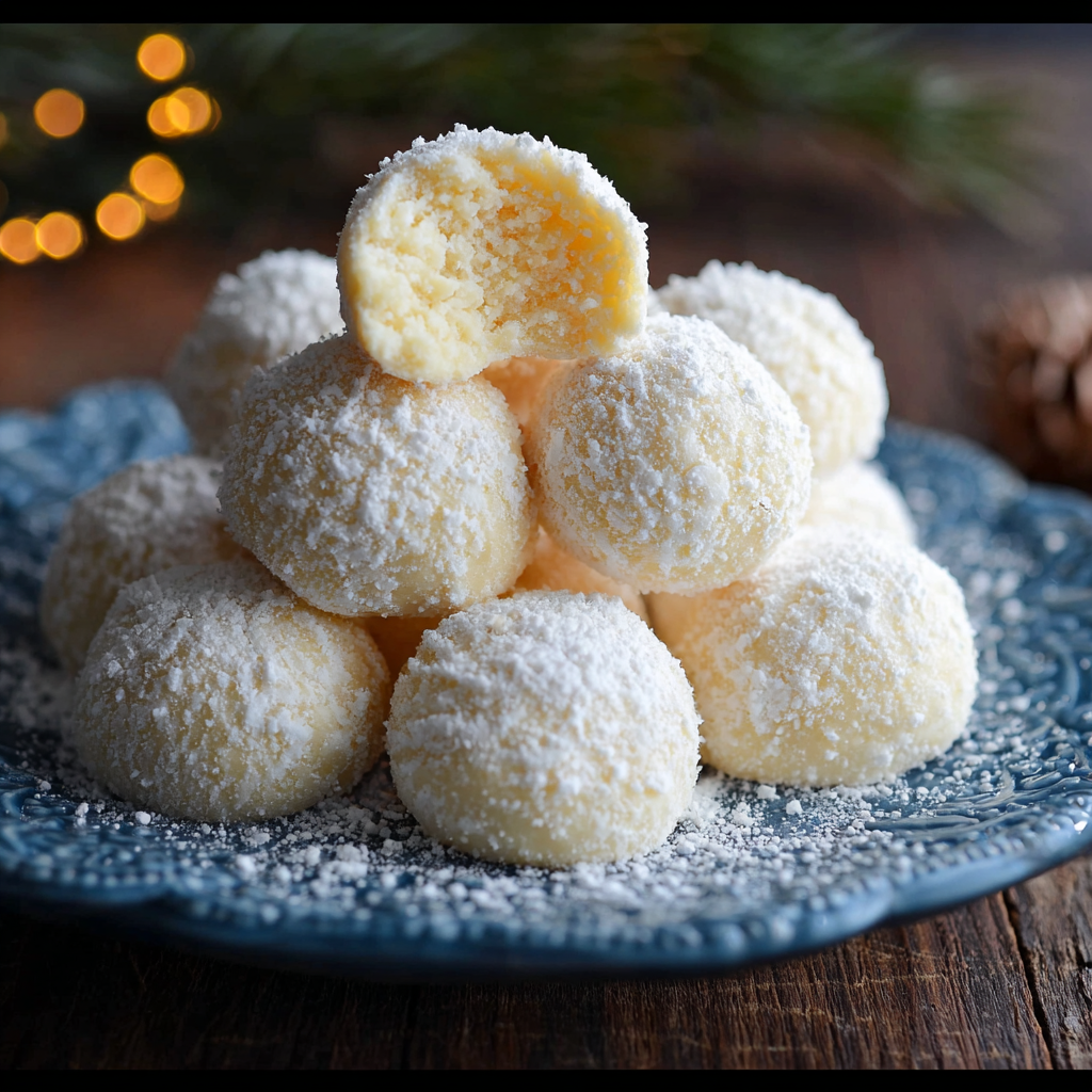 Close-up of a snowball cookie being dusted with sugar