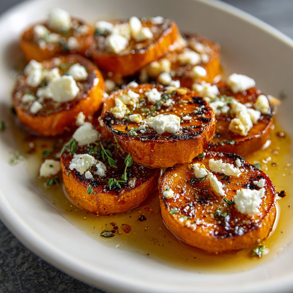 Roasted sweet potato rounds on a platter with honey and feta