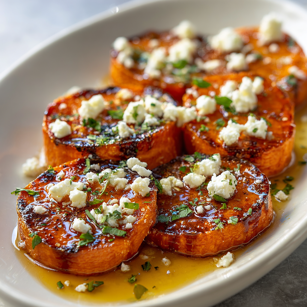 Close-up of honey drizzling over roasted sweet potato rounds