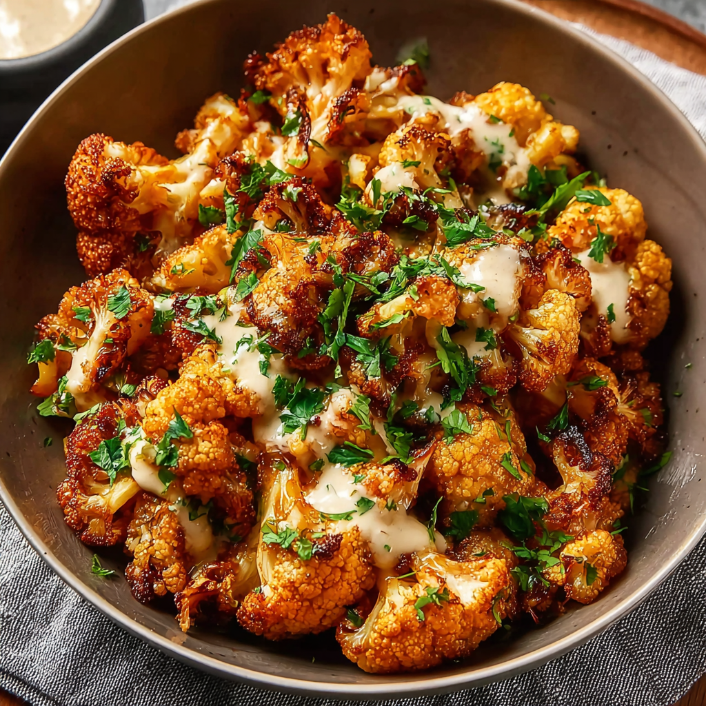 Roasted Moroccan cauliflower with tahini-honey sauce on a platter