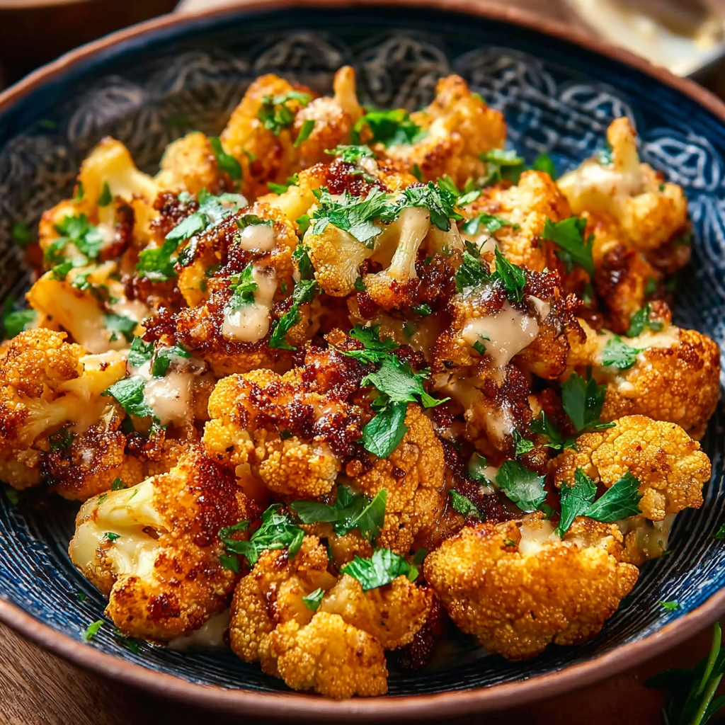 Close up of tahini-honey sauce drizzled over cauliflower