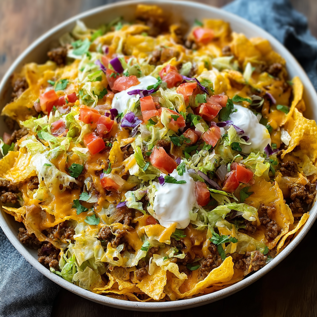 Closeup of layered casserole with cheese and chips