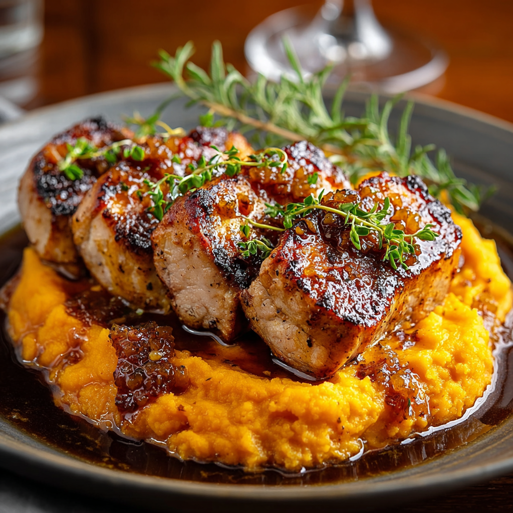 Apple Cider Pork in skillet with sauce