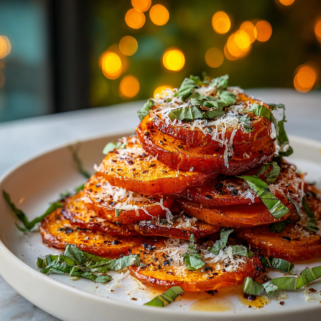 Sweet potato stacks on a baking sheet