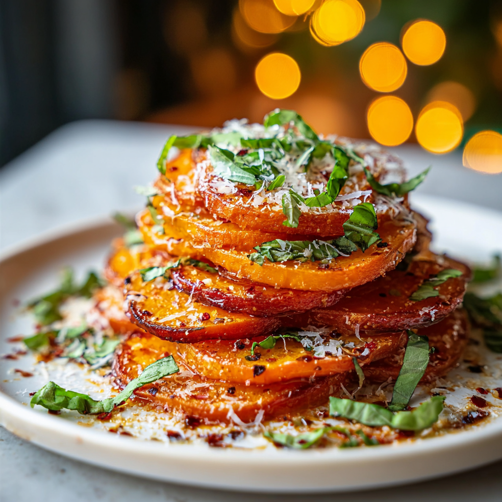 Close-up of melted cheese on sweet potato stacks