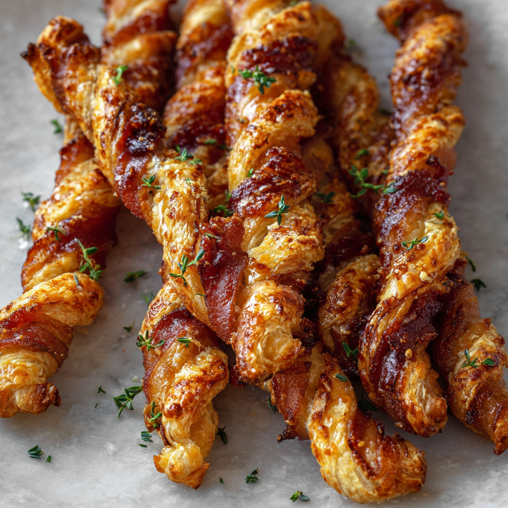 Close-up of golden puff pastry twist with melted cheese and rosemary