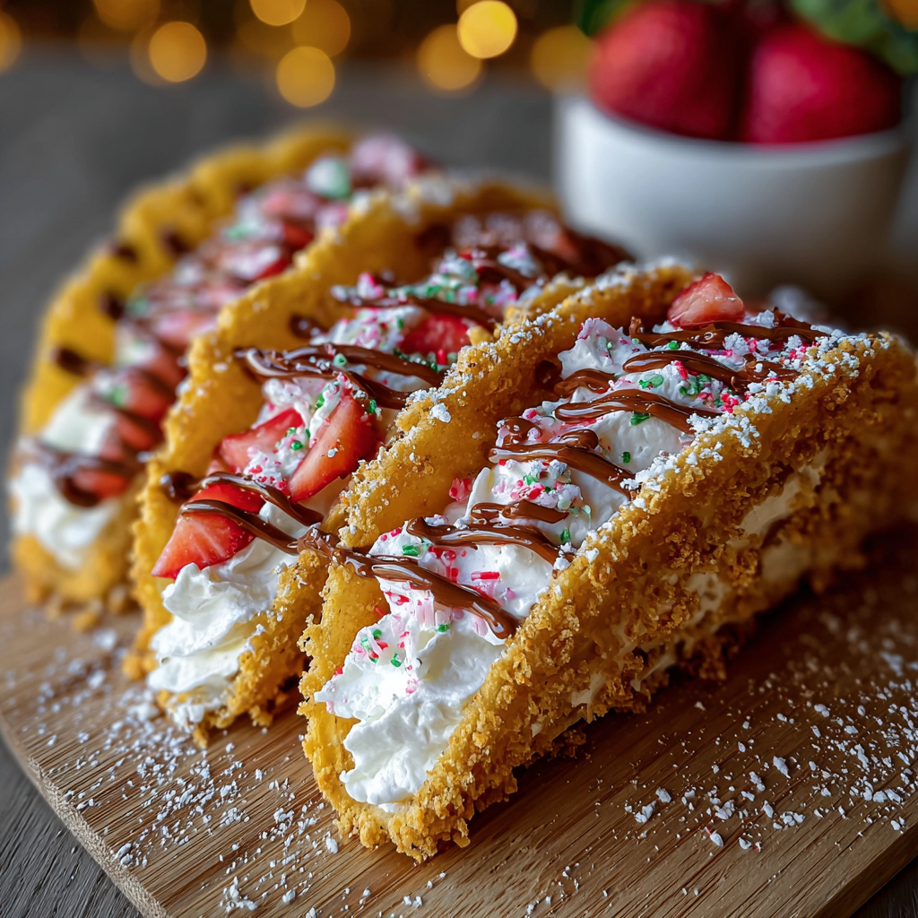 White chocolate coated cheesecake taco shells on a baking sheet